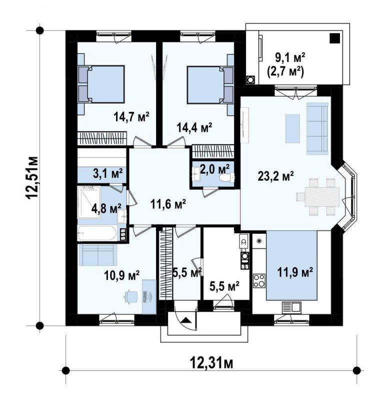 Mərtəbə planı — 107 m², 3 otaqlı