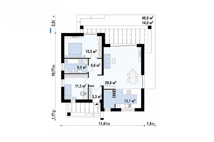 Mərtəbə planı — 105 m², 3 otaqlı, 46,6 m² örtülü terras