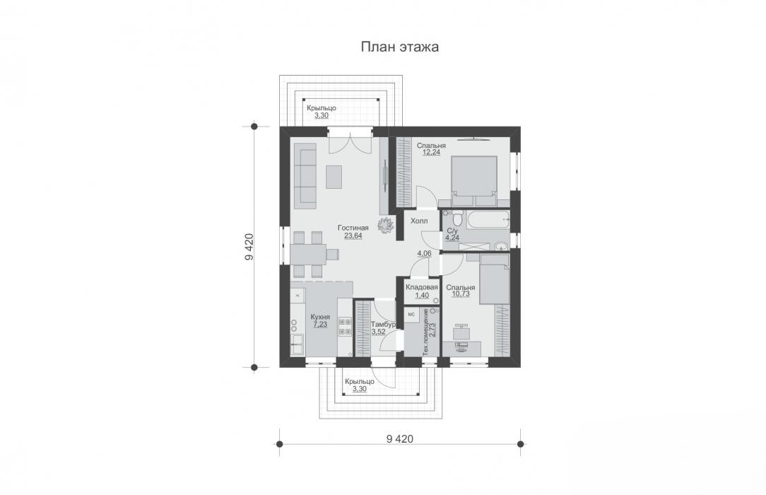 Mərtəbə planı — 70 m², 3 otaqlı